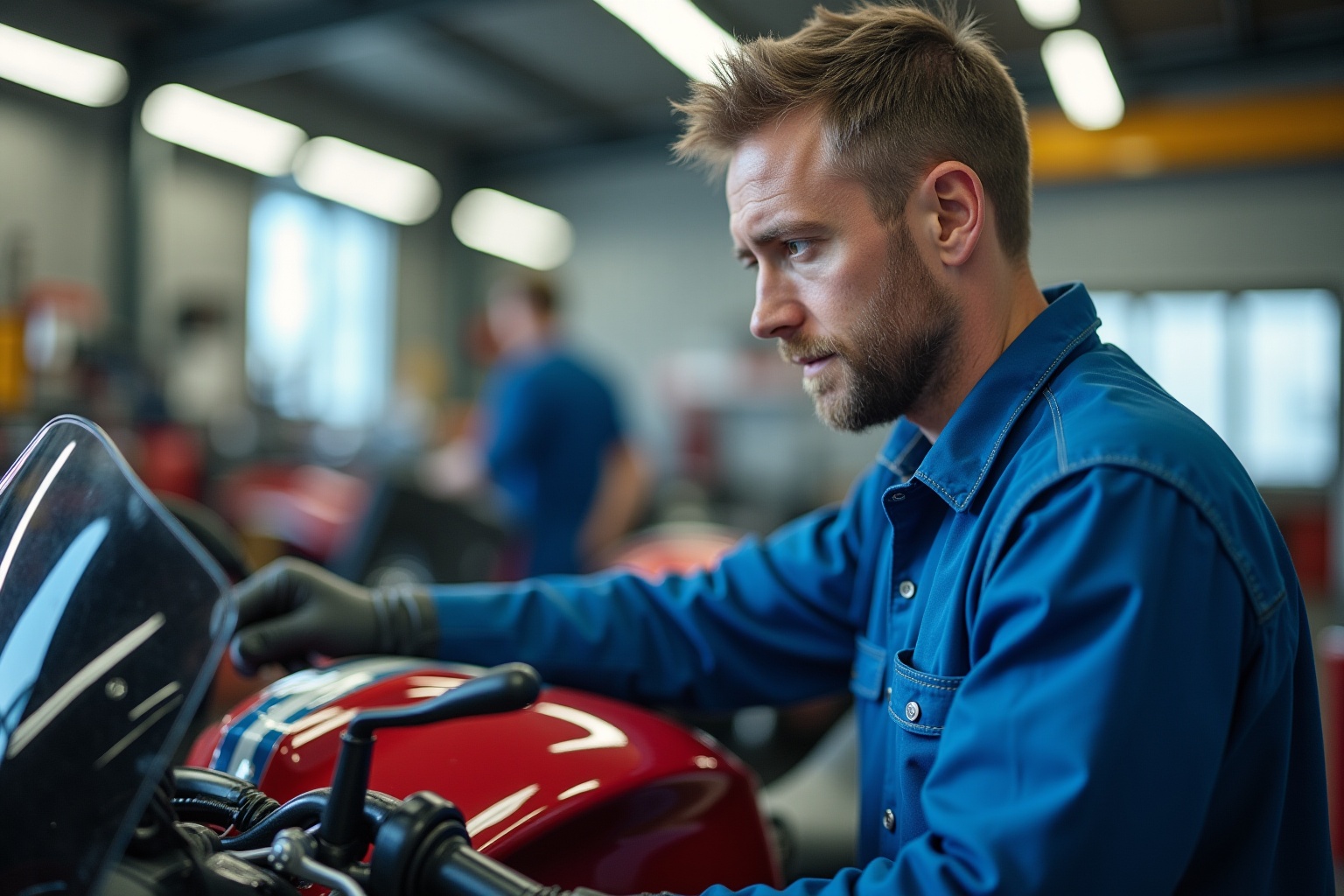 Concessionnaire Suzuki moto en Suisse, mécanicien travaillant sur une moto dans un atelier.