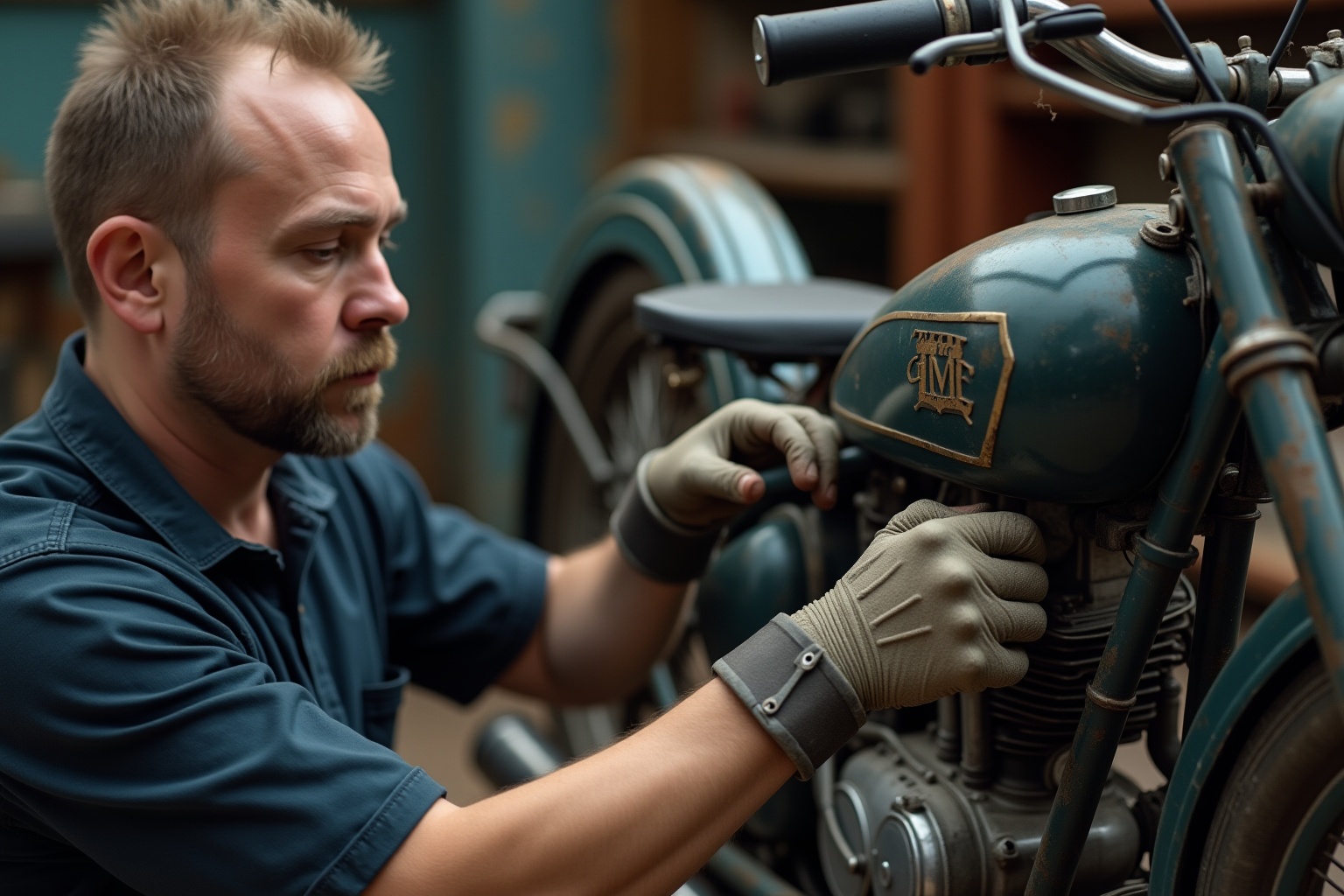 Coût remise en état moto ancienne : un mécanicien ajuste la roue arrière d'une moto vintage dans un atelier