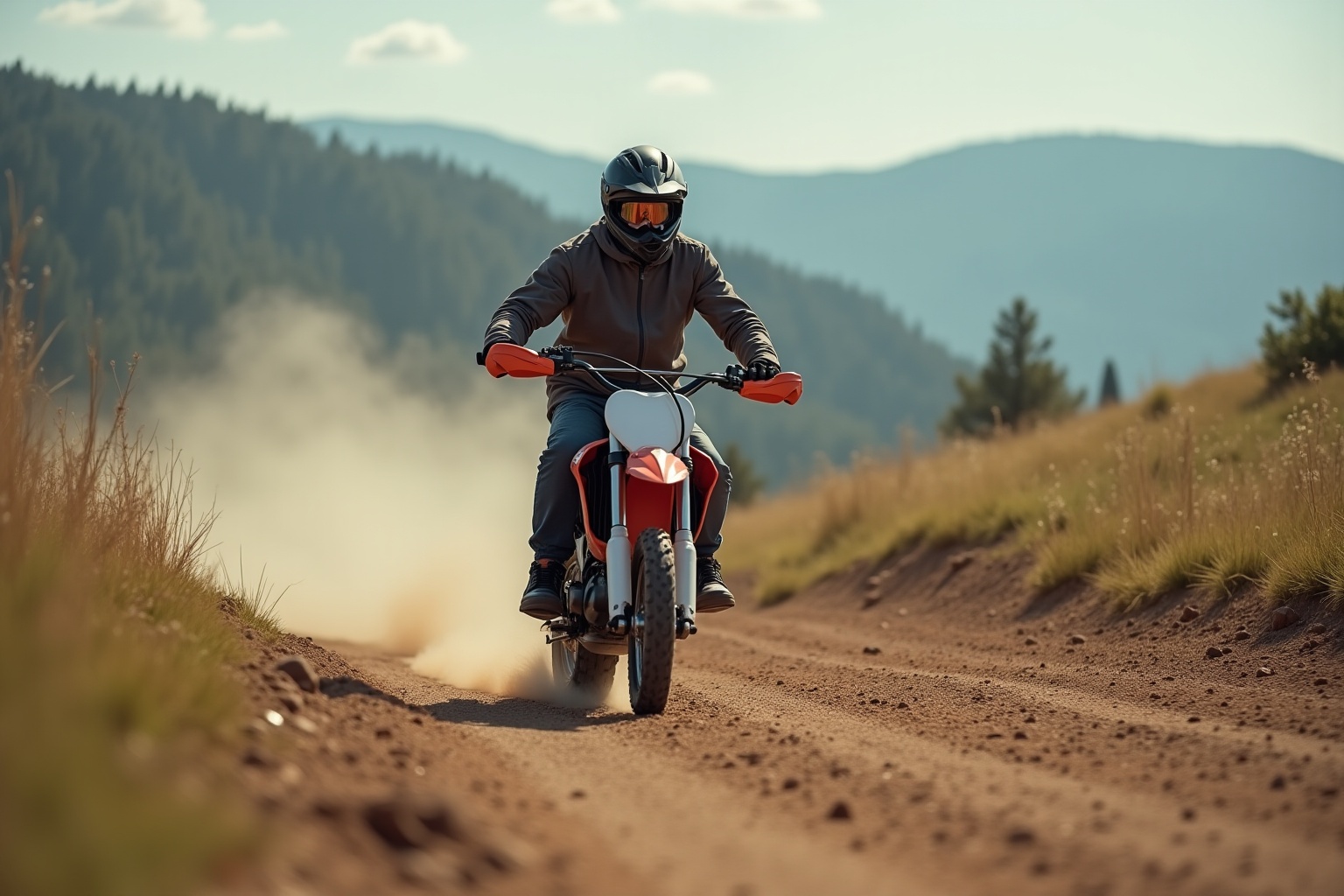 Pit bike en action sur un chemin de terre, conduite par un jeune homme équipé de protections.