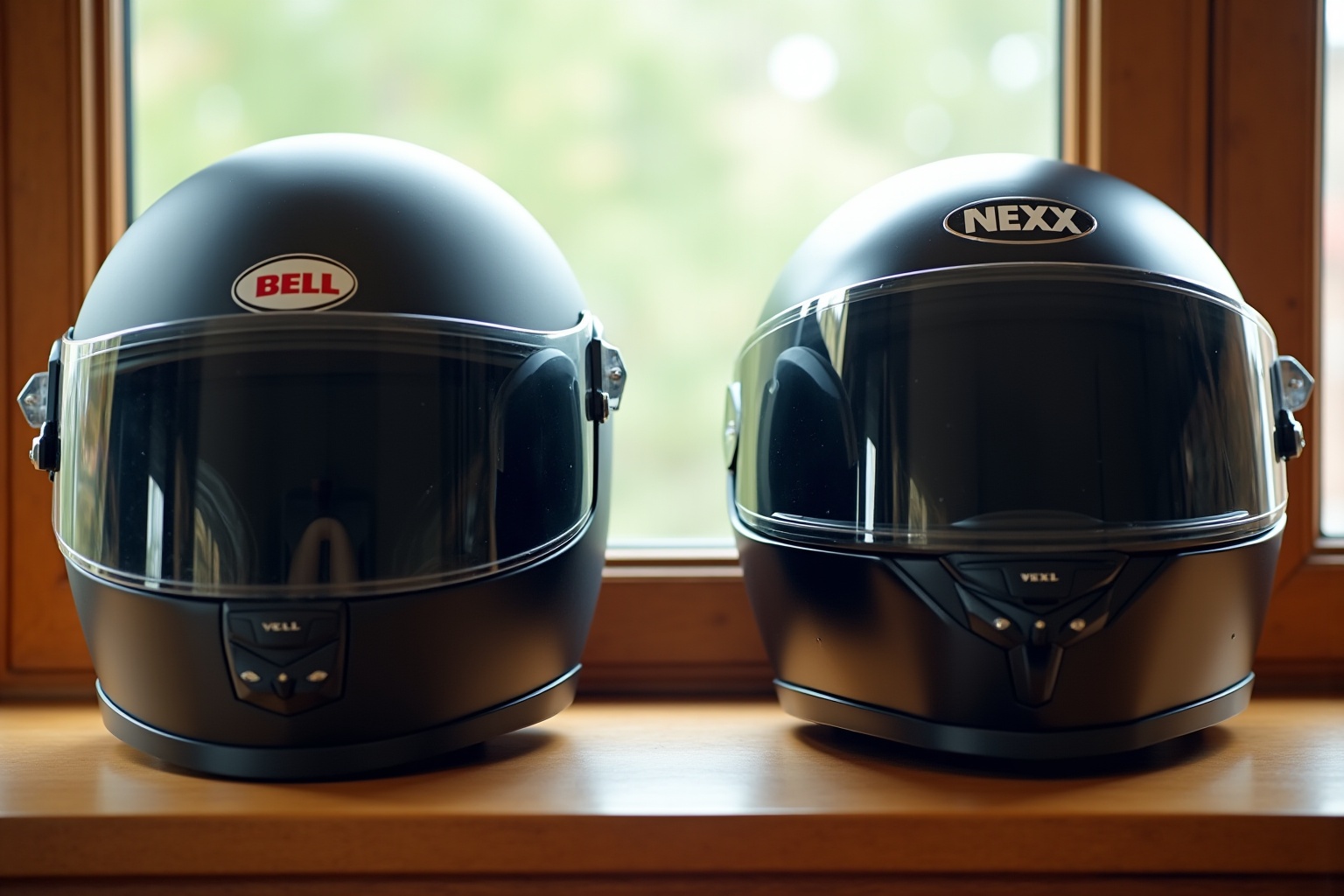 Comparatif casques moto Bell et Nexx, deux modèles de qualité pour les motocyclistes, posés sur un établi en bois.