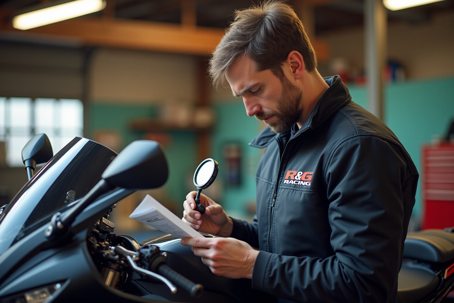 Protection moteur R&G Racing, évaluation et avis d'expert pour un choix éclairé, motocycliste vérifiant les détails avec un m