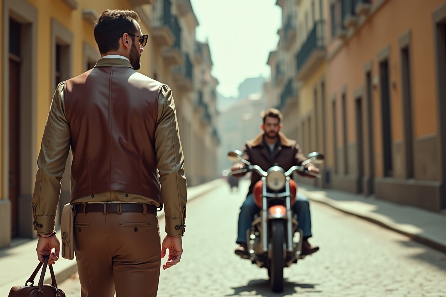Costume moto vintage homme en cuir marron, sur fond urbain rétro avec moto classique.