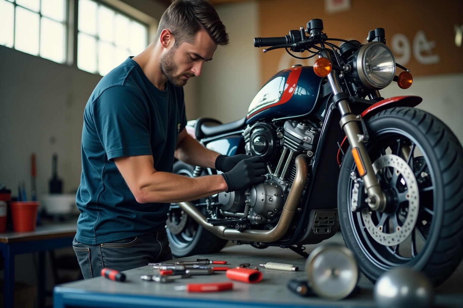 Transformation moto sportive en roadster, un mécanicien au travail