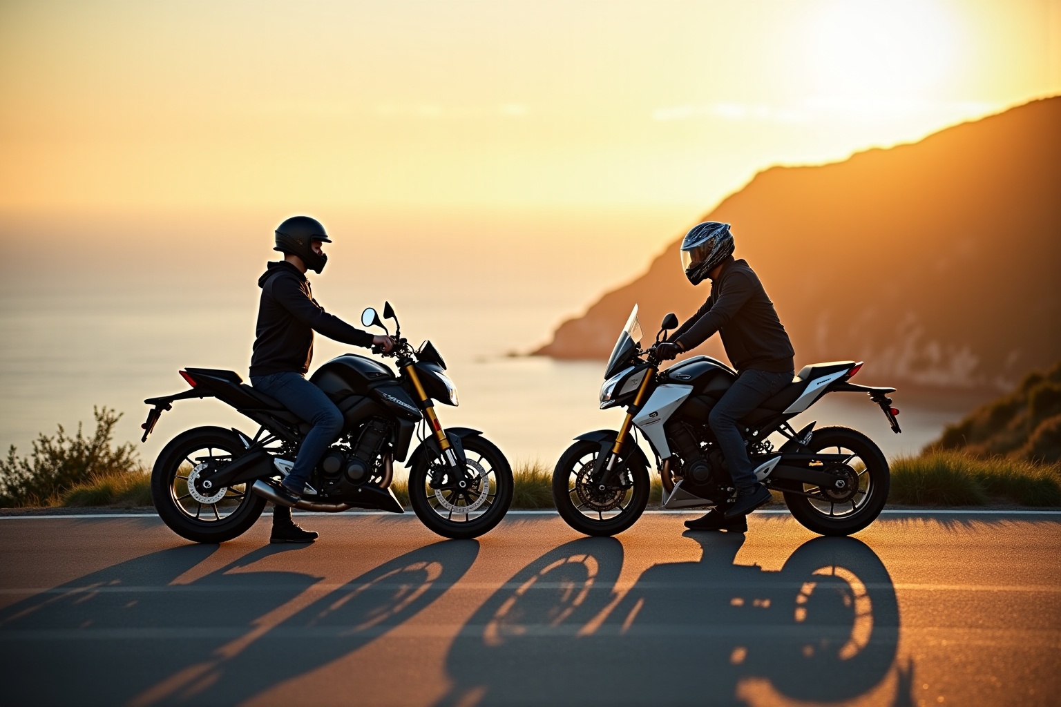 Comparatif Triumph Street Triple vs Yamaha MT-09 : deux roadsters face à face sur une route côtière au lever du soleil.