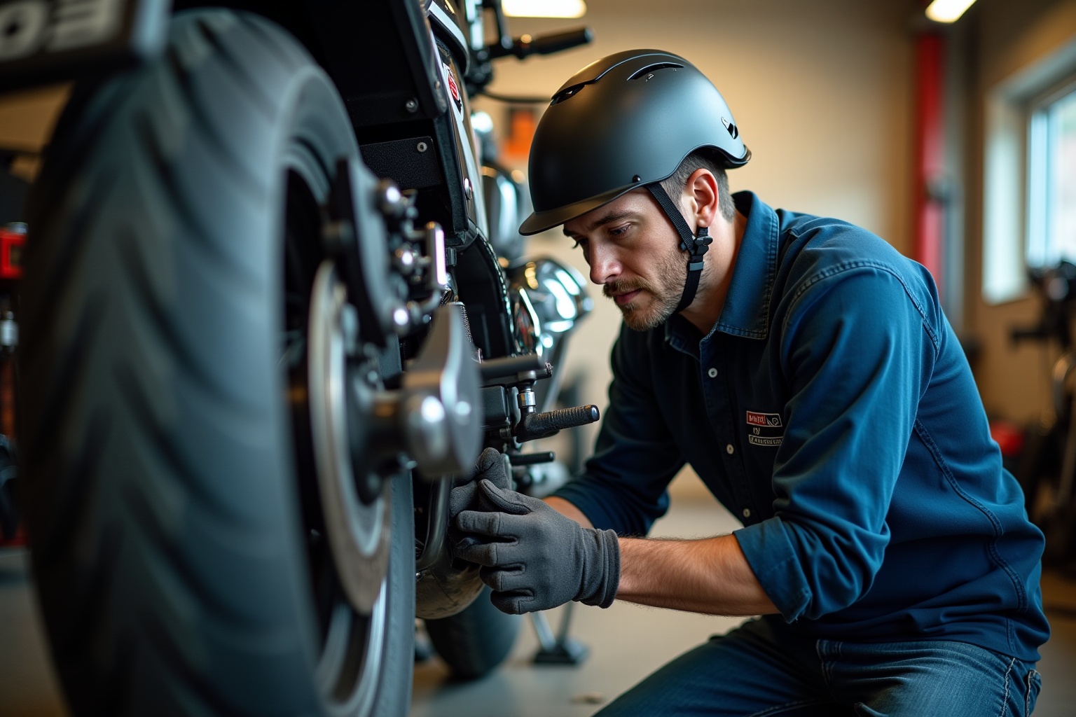 "Mécanicien No Name Motorcycles au travail sur une moto au garage à Lausanne ou Bevaix"