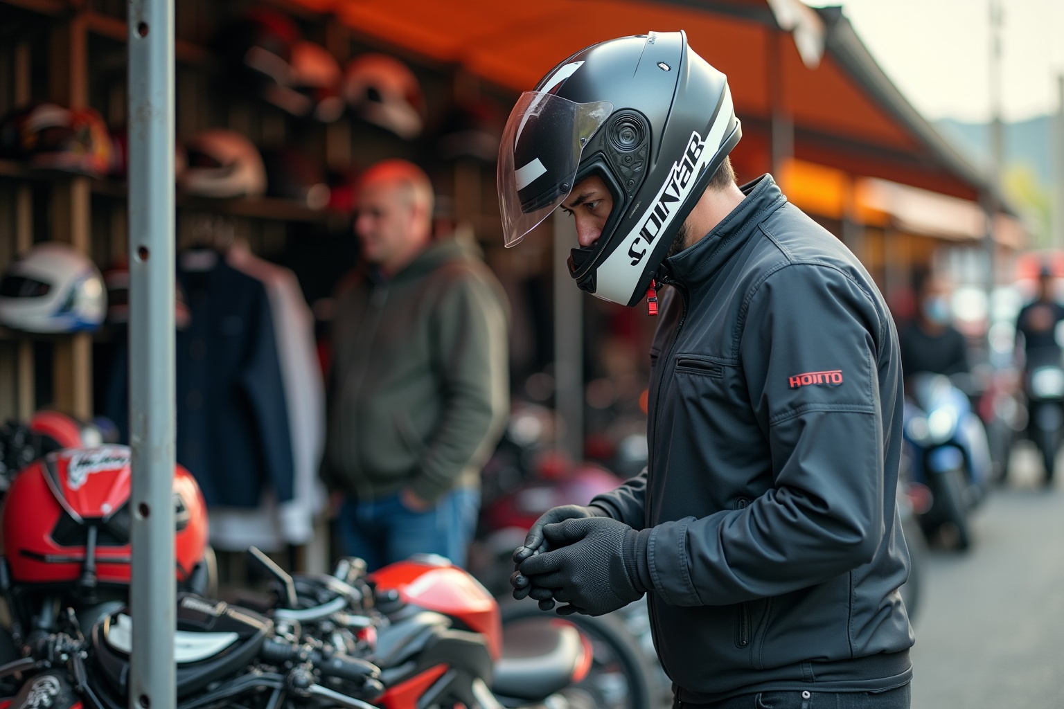 Motocycliste examinant des vêtements moto d'occasion sur un marché en extérieur