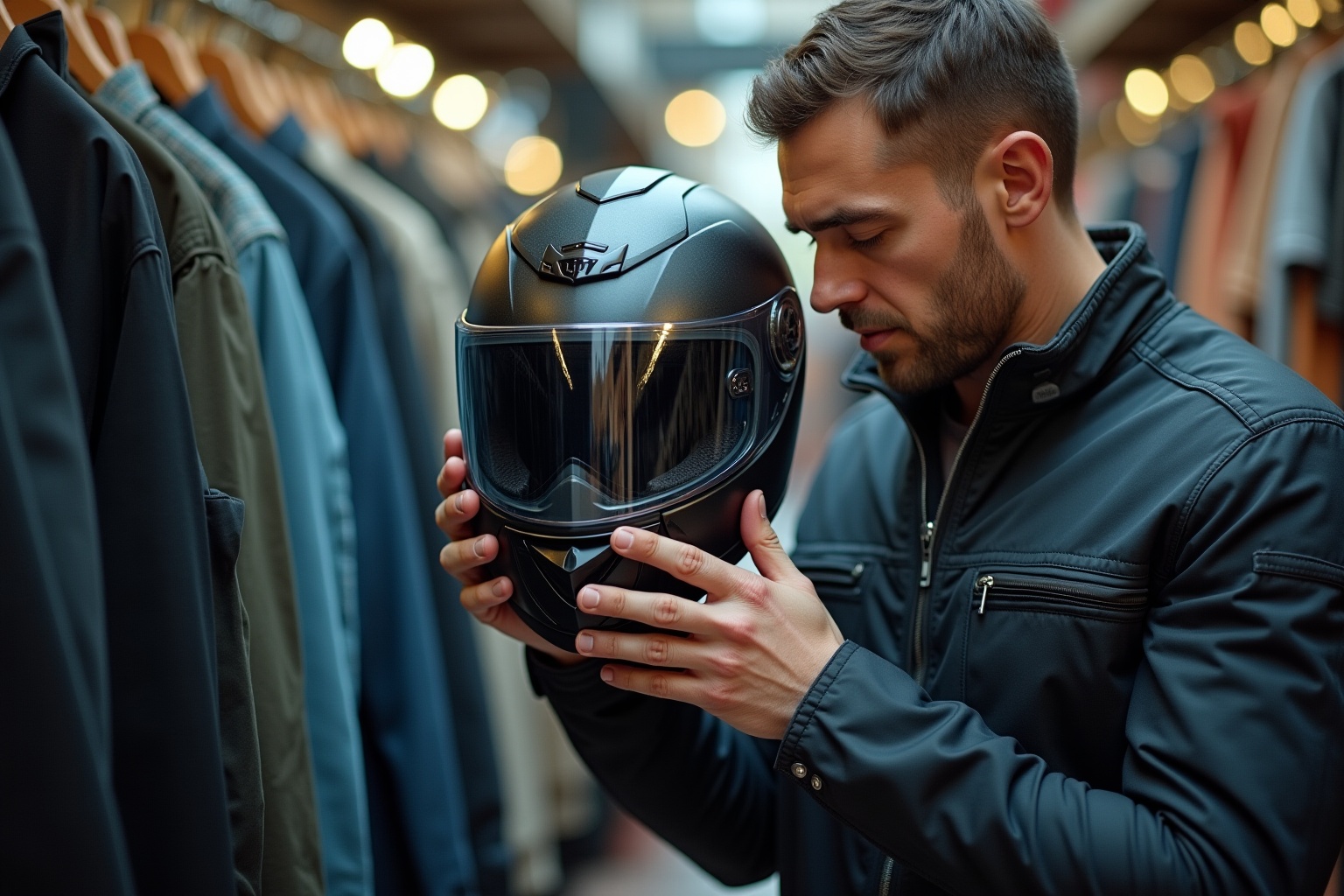 "Un motocycliste inspecte un casque de moto d'occasion dans un magasin spécialisé"
