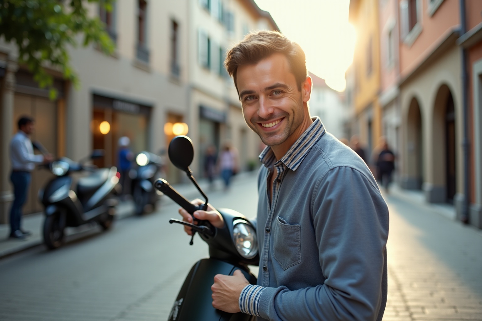Location de motos à Lausanne, homme tenant clés de moto en centre-ville
