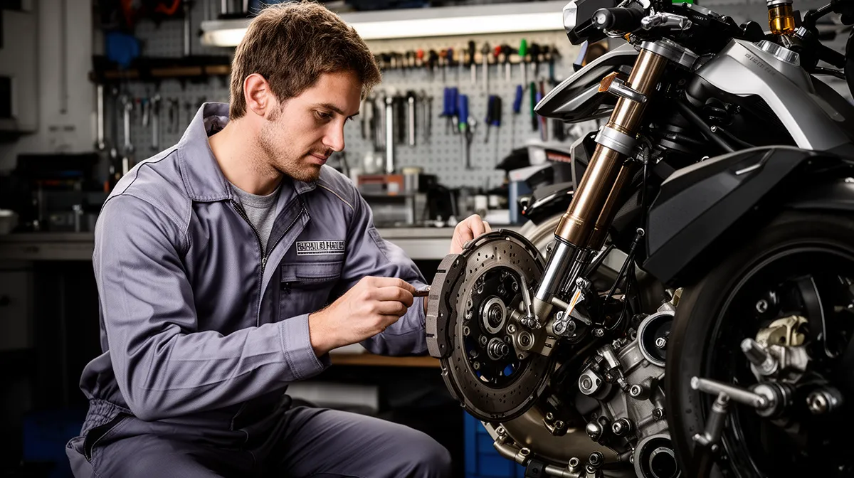 "Mécanicien vérifiant les plaquettes de frein d'une moto dans un atelier, service motorrad"