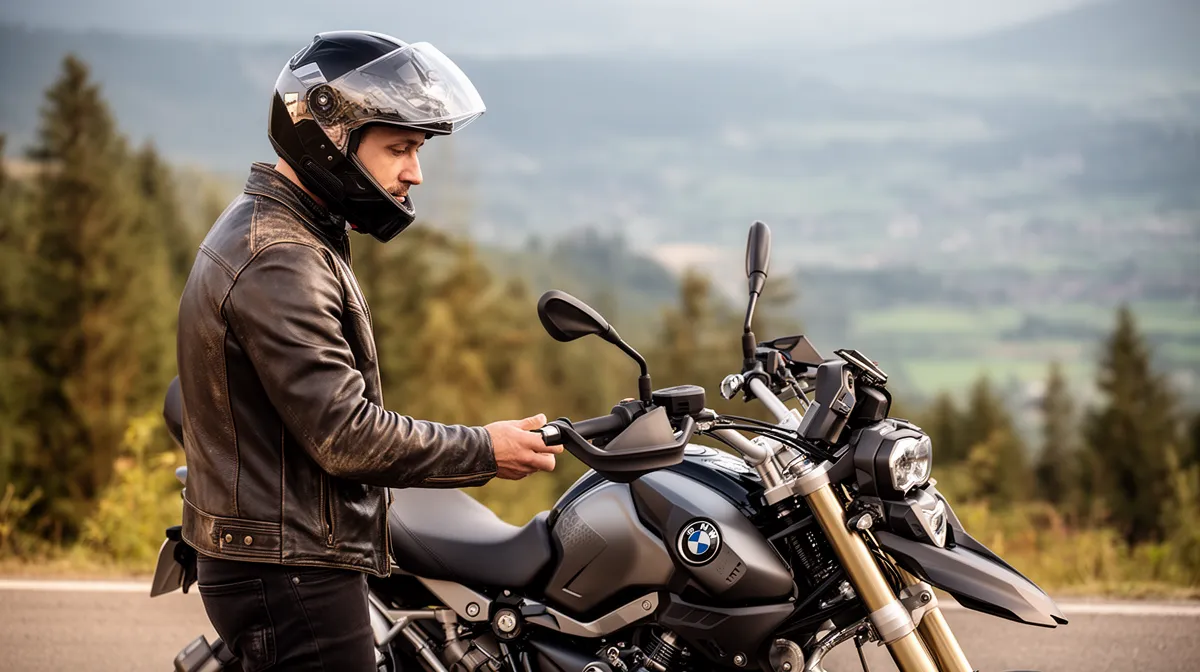 Problèmes courants moto BMW : un motard examine sa moto sur une route de montagne