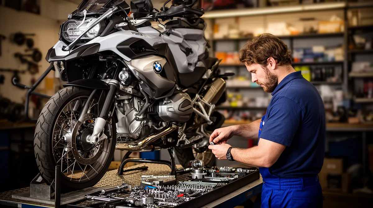 Mécanicien révisant une moto allemande dans un garage