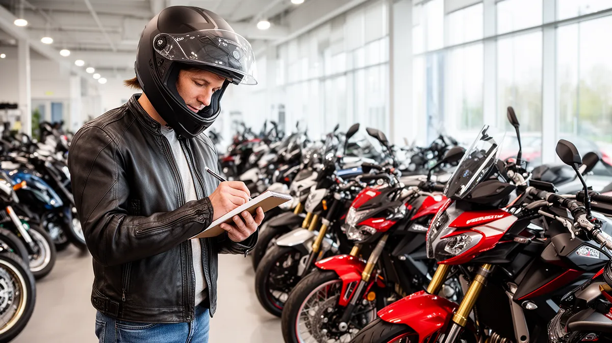 "Un passionné de moto compare les meilleures marques de moto 2026 dans un showroom"
