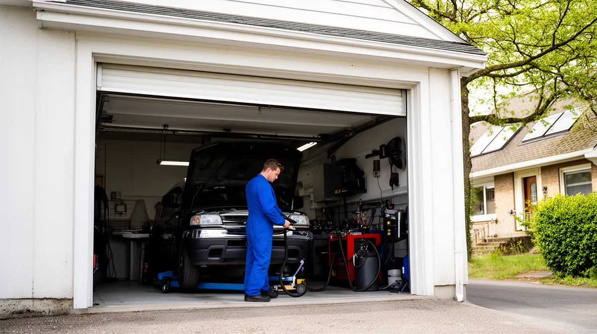"Garage noname ouvert, réparation de voiture en cours, zone résidentielle 2026"