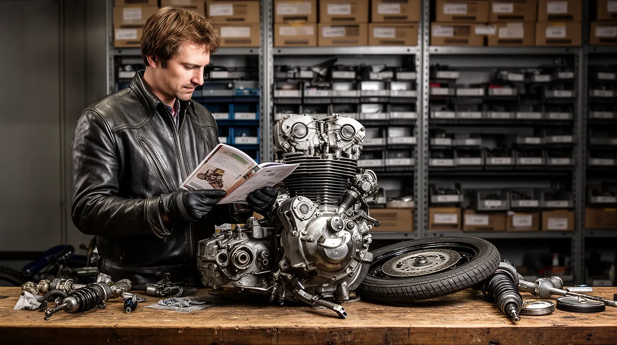 Pièce occasion moto, recherche de pièces de rechange pour motocycle, mécanique en atelier.
