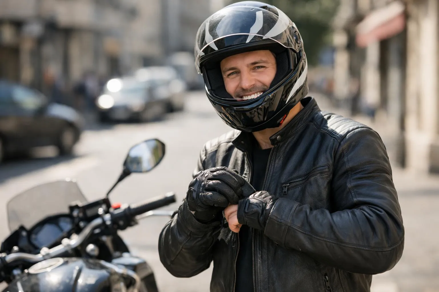Équipements moto obligatoires : un motocycliste vérifie son casque et gants avant de partir