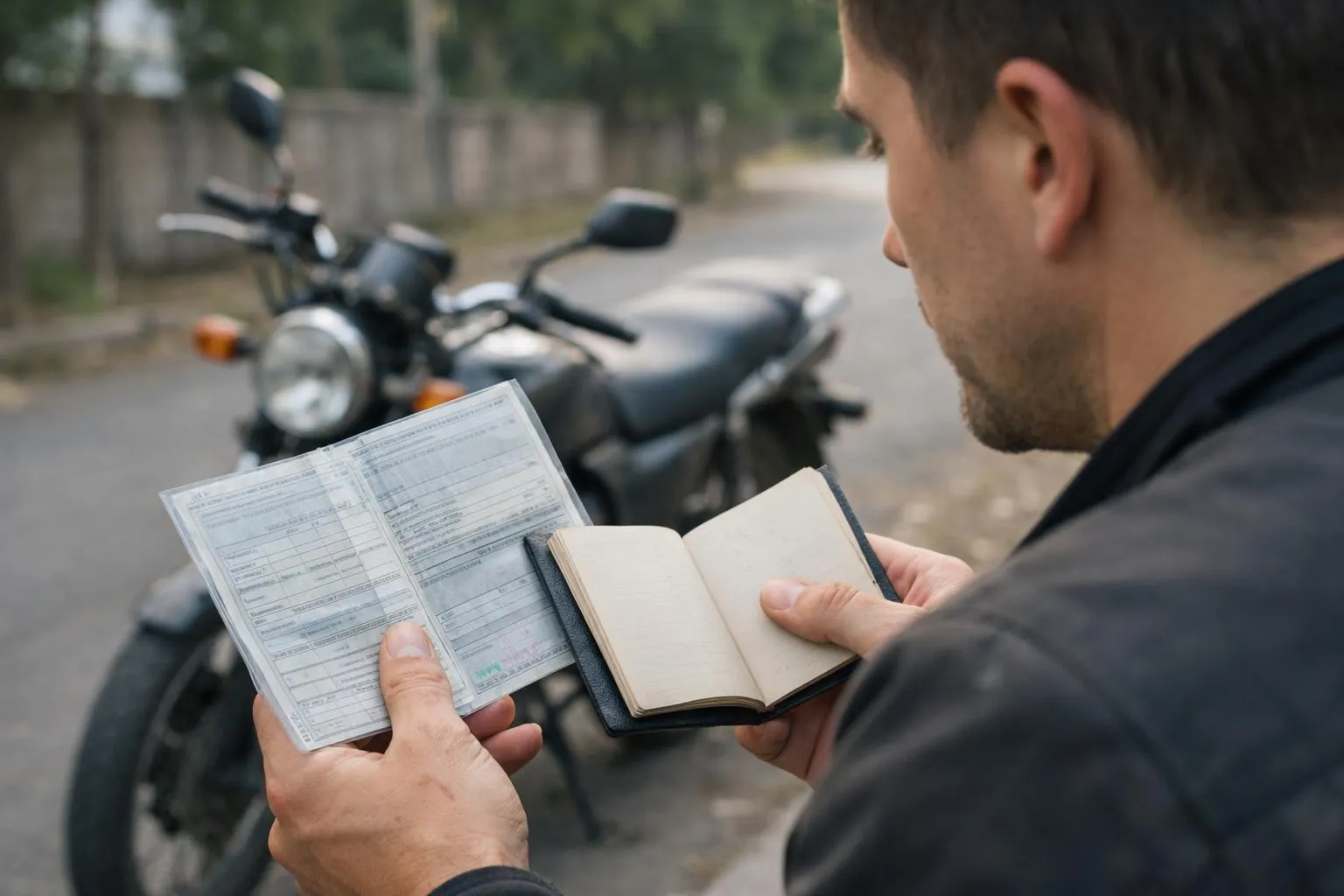Une personne examine les papiers d'une moto d'occasion avec attention, dans un cadre naturel et authentique.