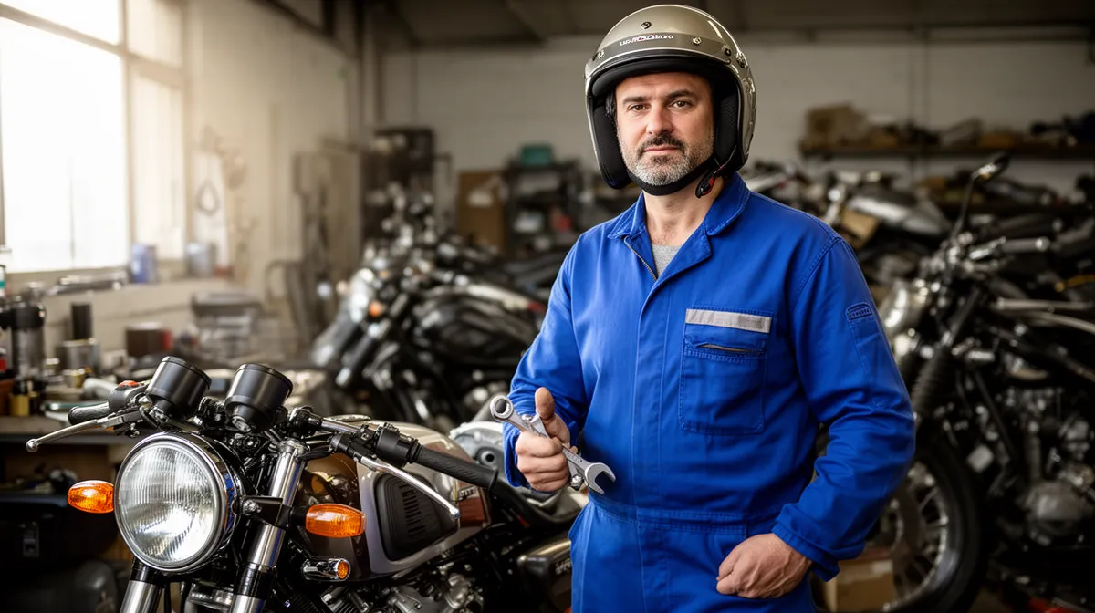 Expert moto Louis Moto dans un atelier avec une moto classique et un équipement de réparation.