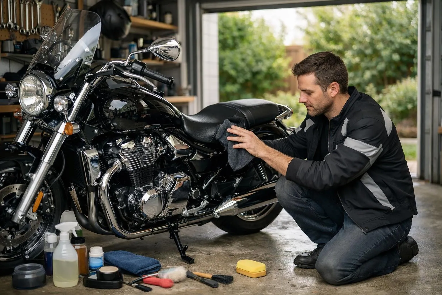 "Un motocycliste en train de nettoyer sa moto dans un garage"