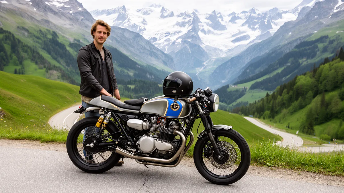 Moto café racer personnalisée en Suisse, modèle vintage, sur route de montagne sinueuse, équipements de conduite et pièces mé