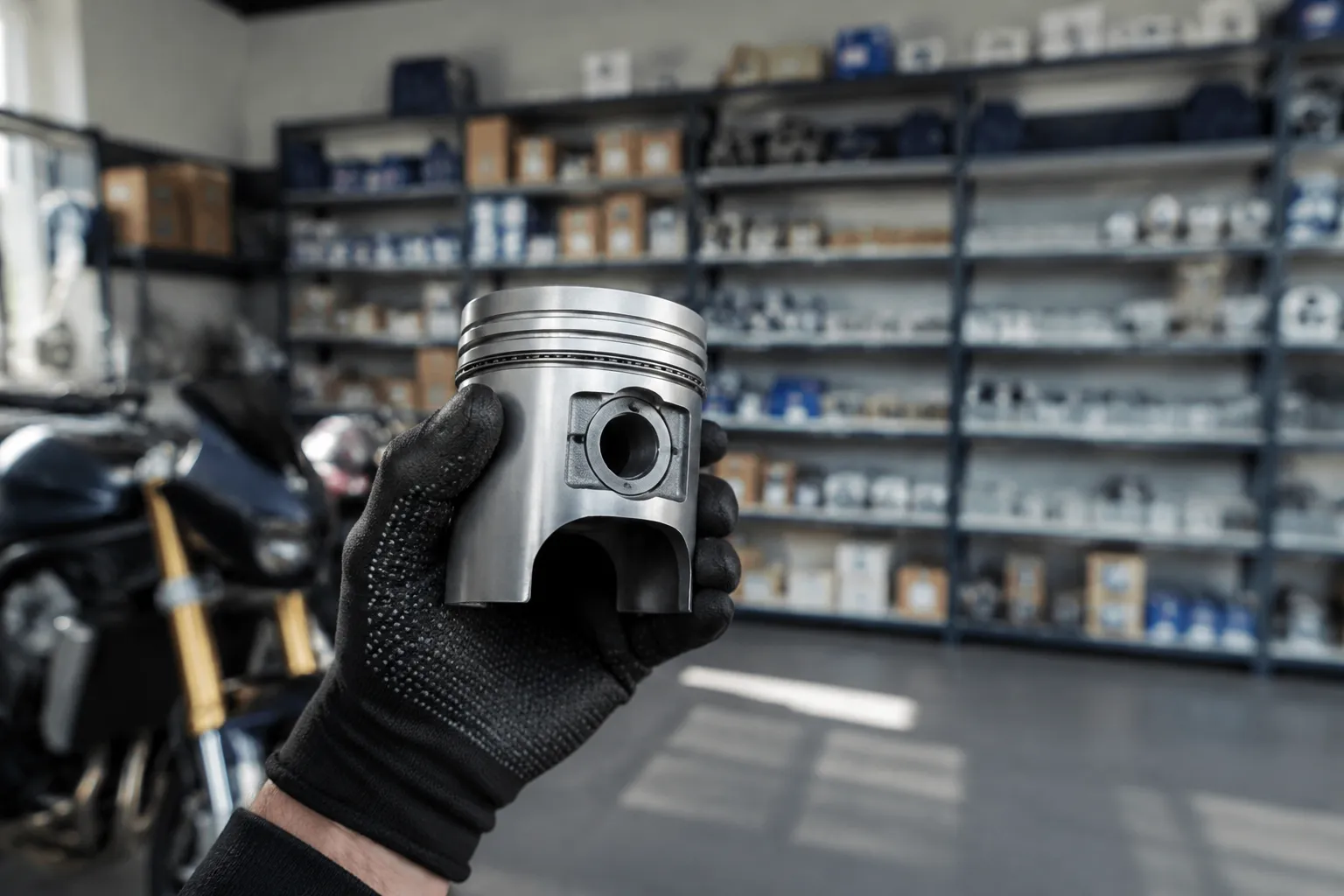 Pièces détachées moto allemandes dans un atelier de réparation, main de mécanicien tenant un piston.