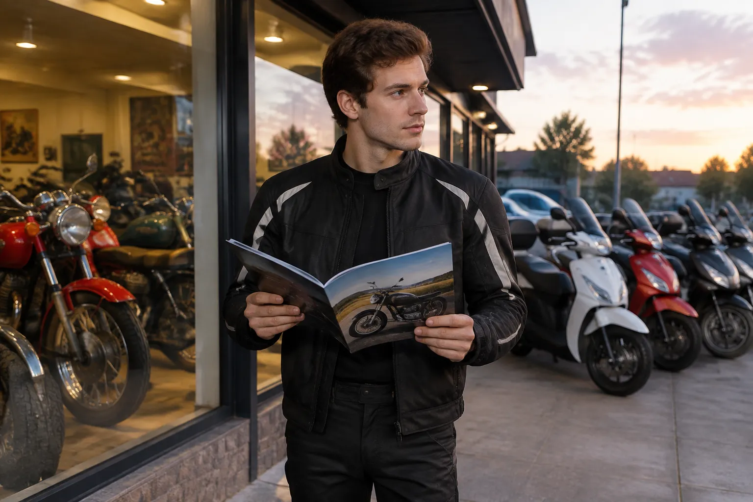 Jeune homme examine brochures de motos 2026 devant une boutique de scooters modernes.