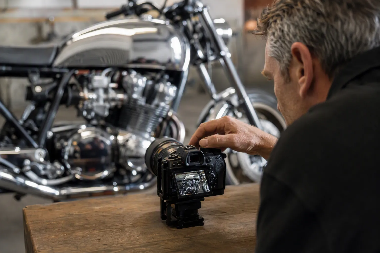 Photographe ajustant son objectif sur le chrome d'une moto de course en studio.