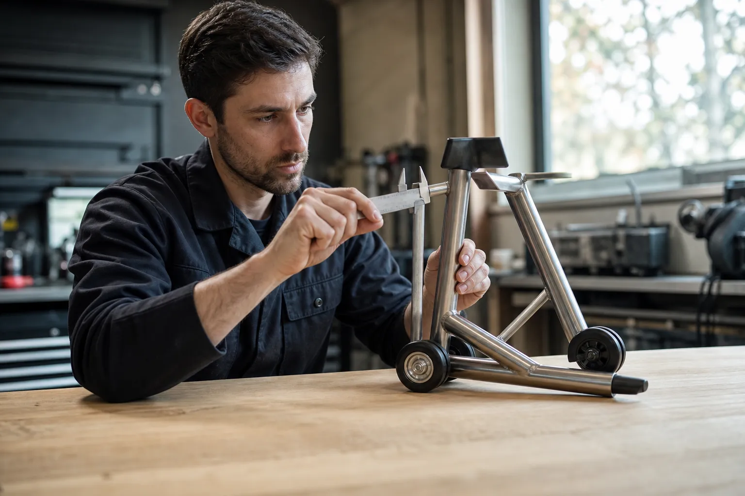 Mécanicien mesure une béquille atelier moto universelle en acier inoxydable, assurant une installation précise.