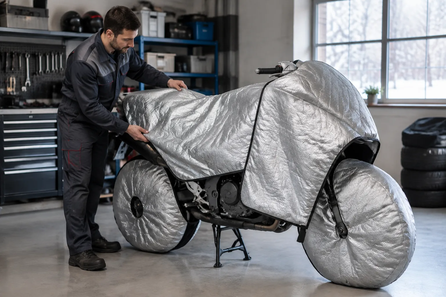 Moto de route protégée avec tapis isolant, prête pour l'hivernage, prise en gros plan.