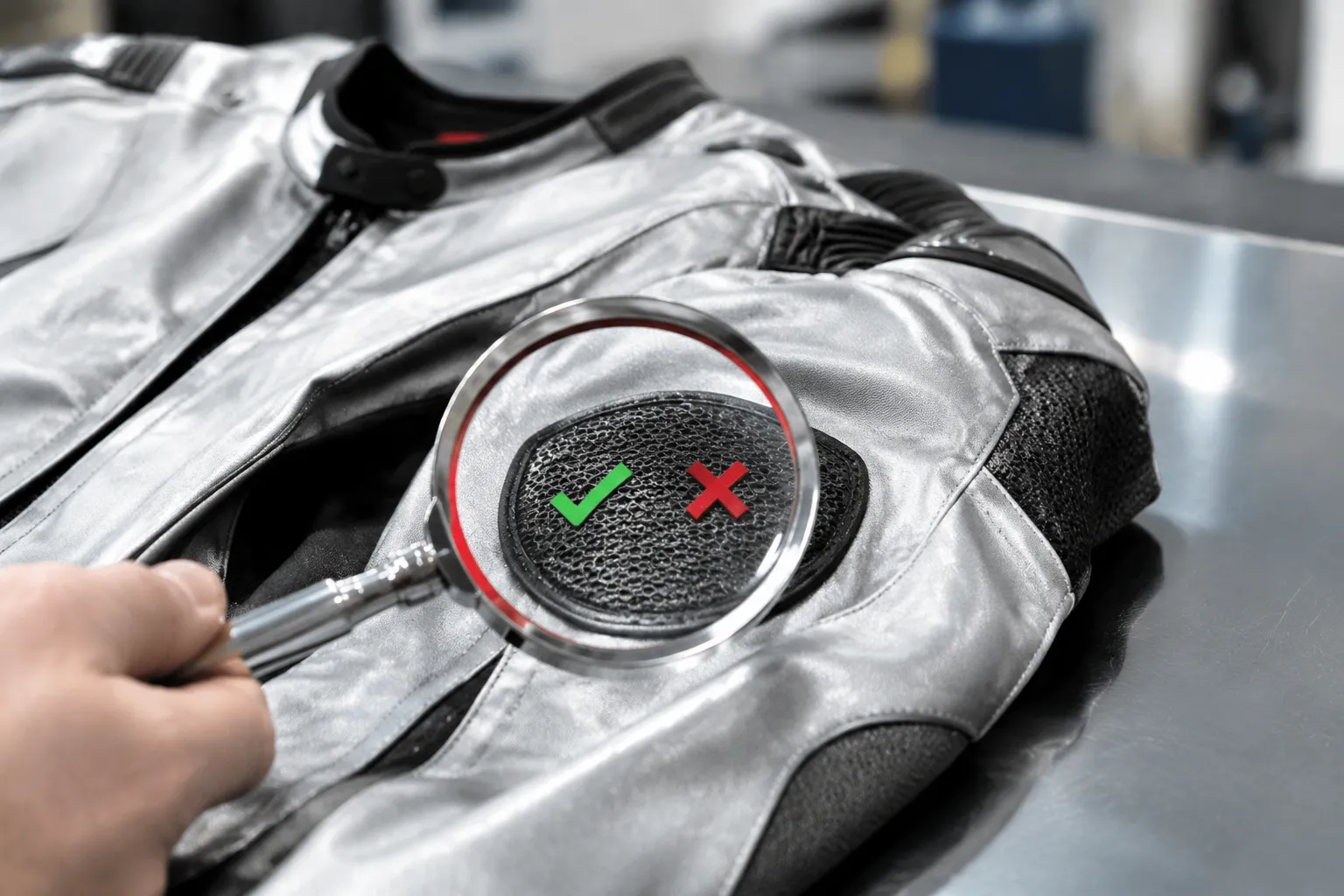 Veste moto RST argentée, loupe et coche verte pour verdict d’évaluation.