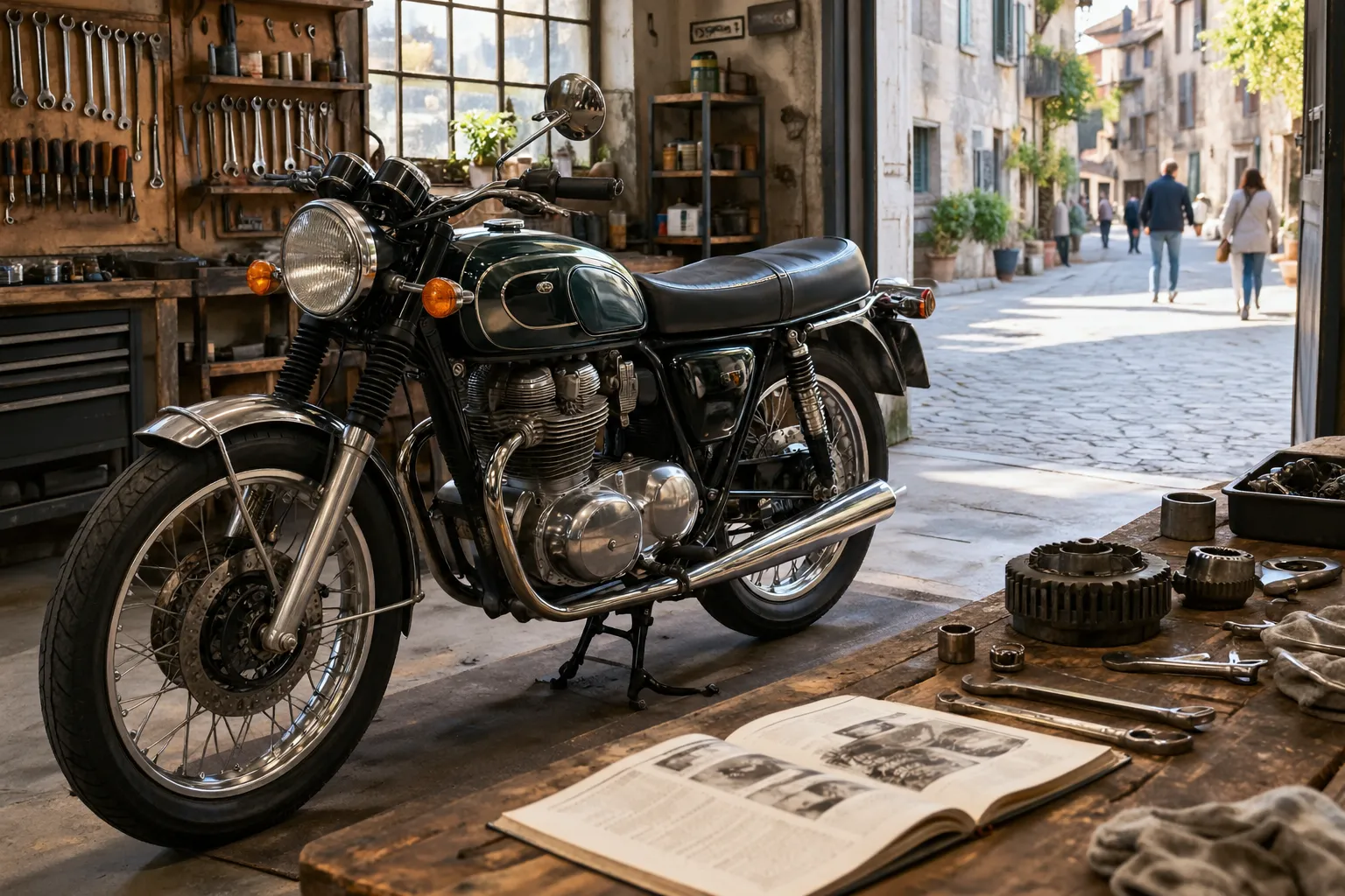Moto vintage dans un atelier avec outils et carnet d’entretien, lumière naturelle.