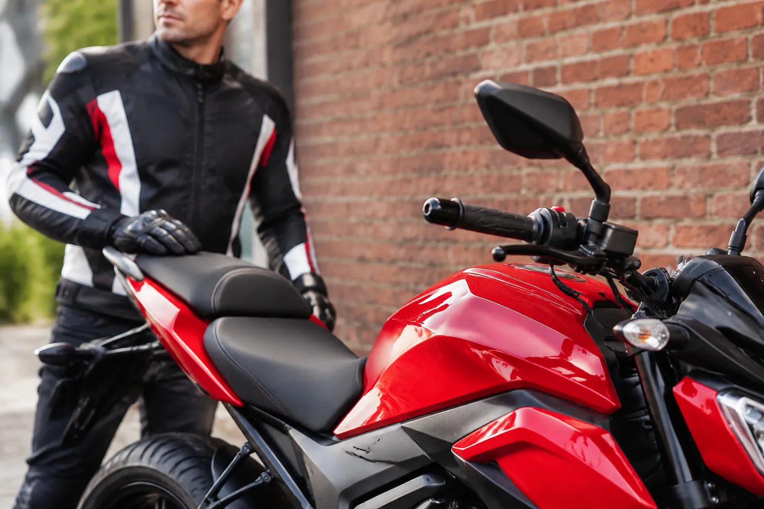 Moto neuve rouge en plein salon, conducteur à côté, lumière professionnelle et flou d’arrière-plan.