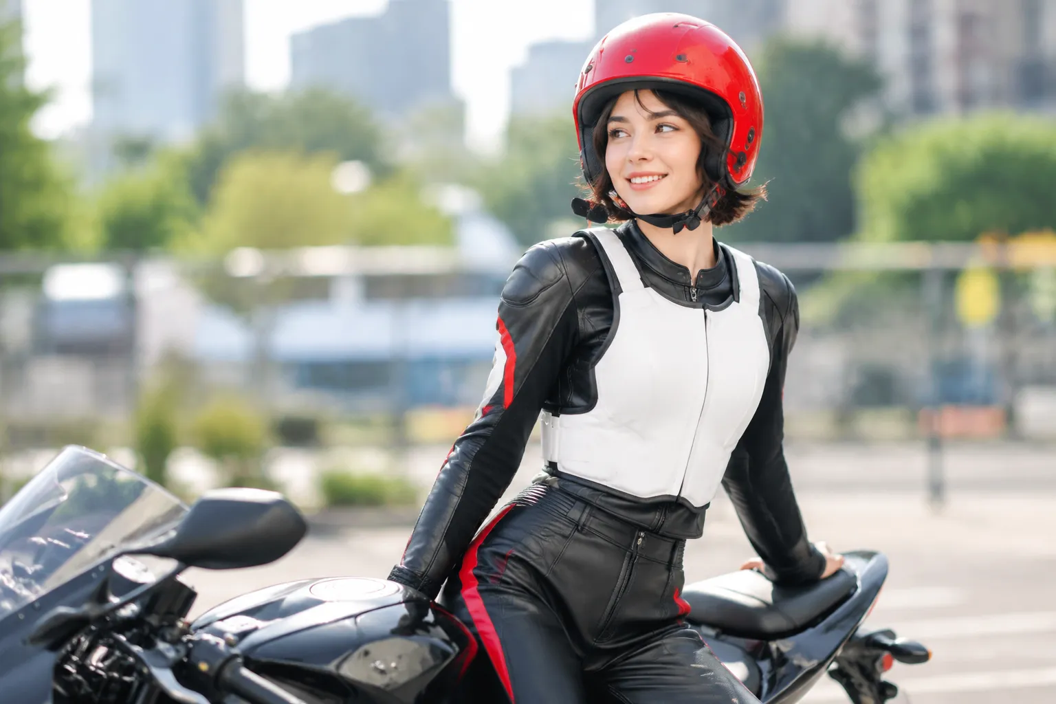 Femme biker stylée en combinaison noire et casque rouge, protégée et élégante, photo lifestyle réaliste.