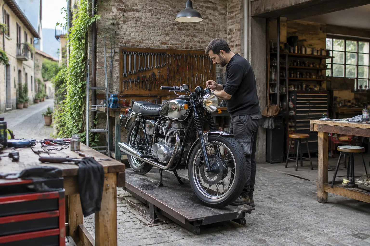 Atelier de réparation moto suisse romande avec moto restaurée et outils suspendus.