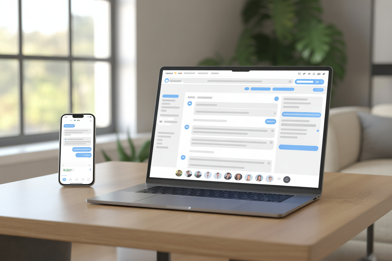 A hero image showing a laptop with a Kleap website and the Facebook Messenger chat icon in the bottom right corner, with a smartphone next to it showing the same conversation in the Messenger app.