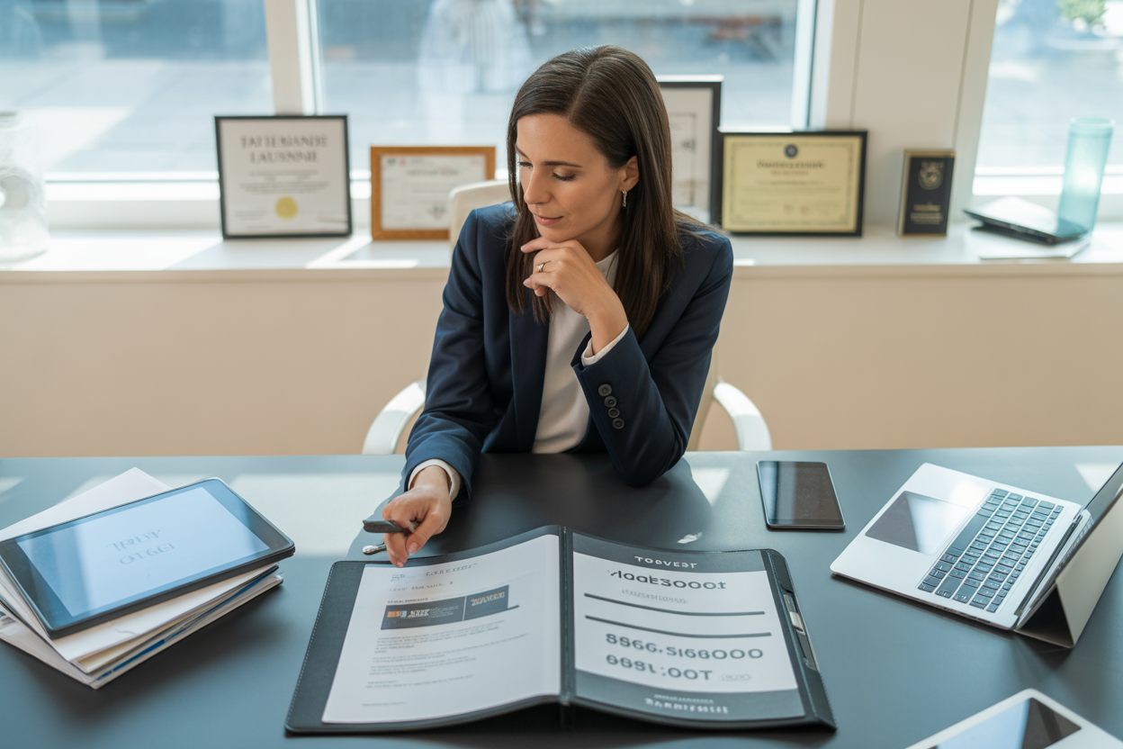 Une checklist visuelle des points à vérifier lors de l'évaluation d'une offre de fiduciaire : qualifications, services inclus, clarté des tarifs, outils proposés, références clients.