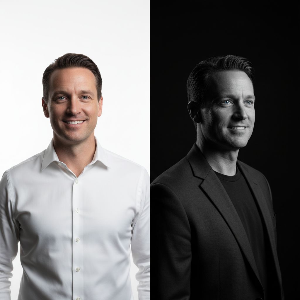 A split image showing a High Key portrait (bright, white background) on the left and a Low Key portrait (dark, moody, black background) on the right.