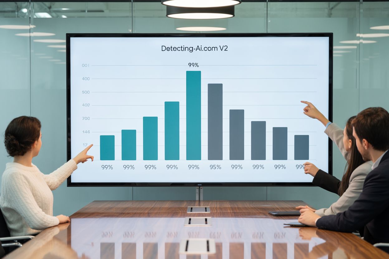 A bar chart comparing the accuracy rates of the top 7 AI checker tools, with Detecting-ai.com V2 shown at 99%.