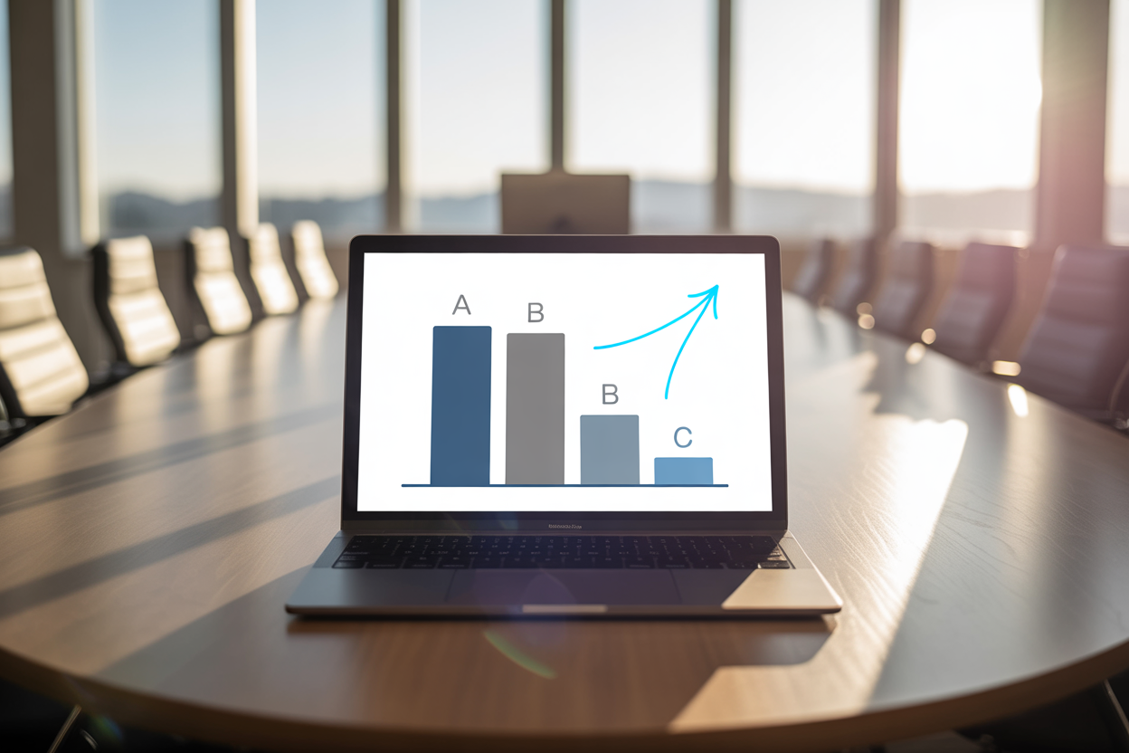 A chart that compares three different keywords. You've got Keyword A with high volume and high difficulty, Keyword B with medium stats, and Keyword C with low volume and low difficulty. An arrow points to Keyword C, labeled 'Best for Beginners'.