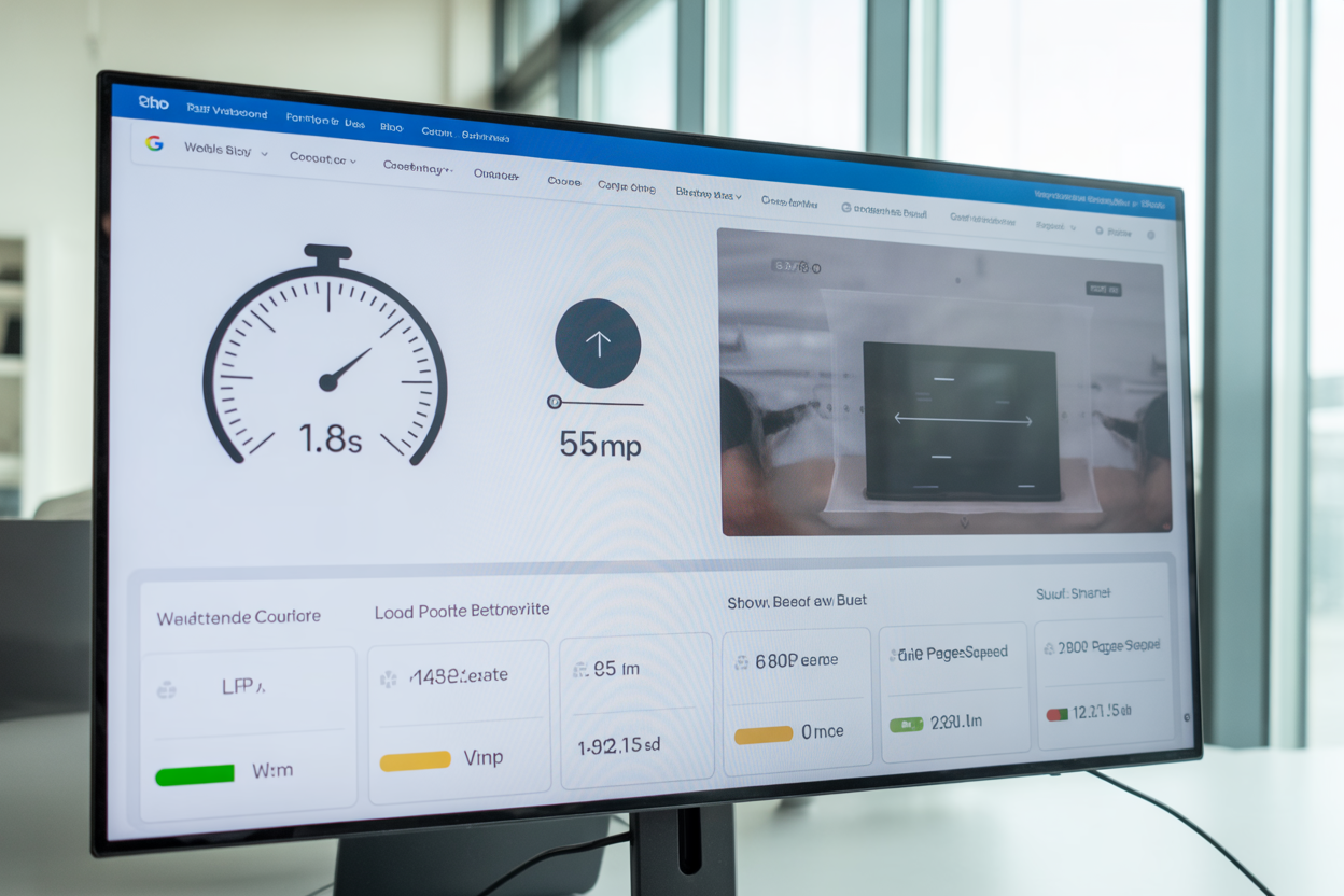 An infographic illustrating the three Core Web Vitals: Largest Contentful Paint (LCP) with a stopwatch icon, Interaction to Next Paint (INP) with a cursor clicking a button, and Cumulative Layout Shift (CLS) with a moving block diagram. Each metric shows its target score.