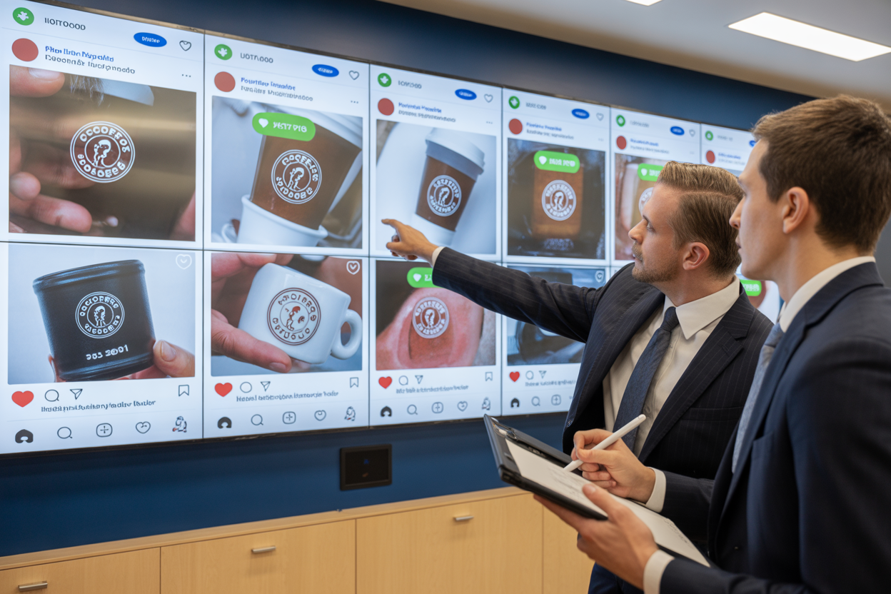 A sample dashboard showing where a brand's logo is popping up on social media, with charts for how often and whether the vibe is positive or negative.