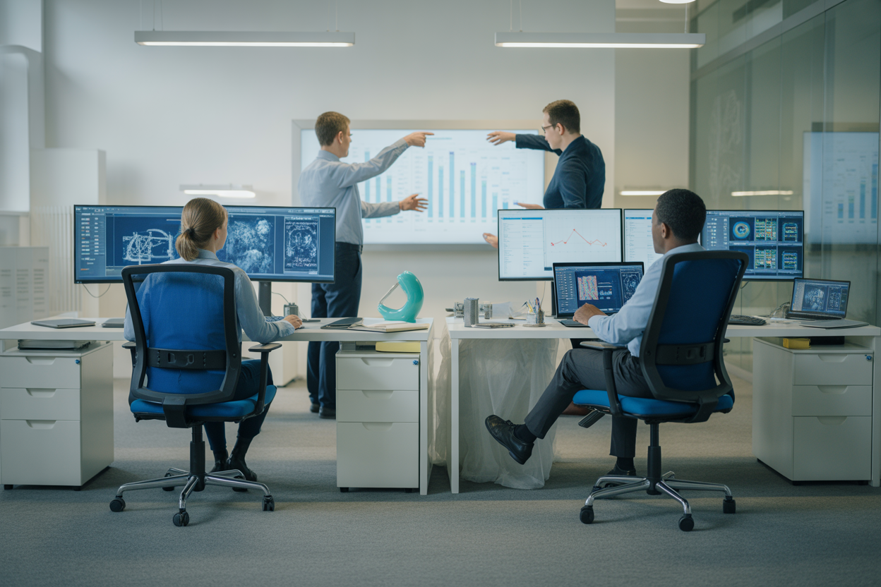 A visual showing how different AI agents—for research, analysis, and security—can work together inside a company to make things run smoother.