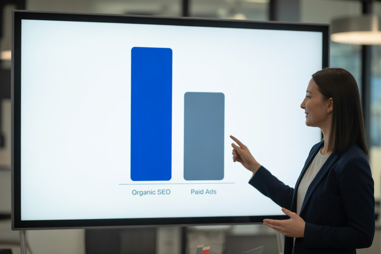 A bar chart comparing the long-term ROI of organic traffic from SEO versus the short-term, high-cost nature of paid search ads.