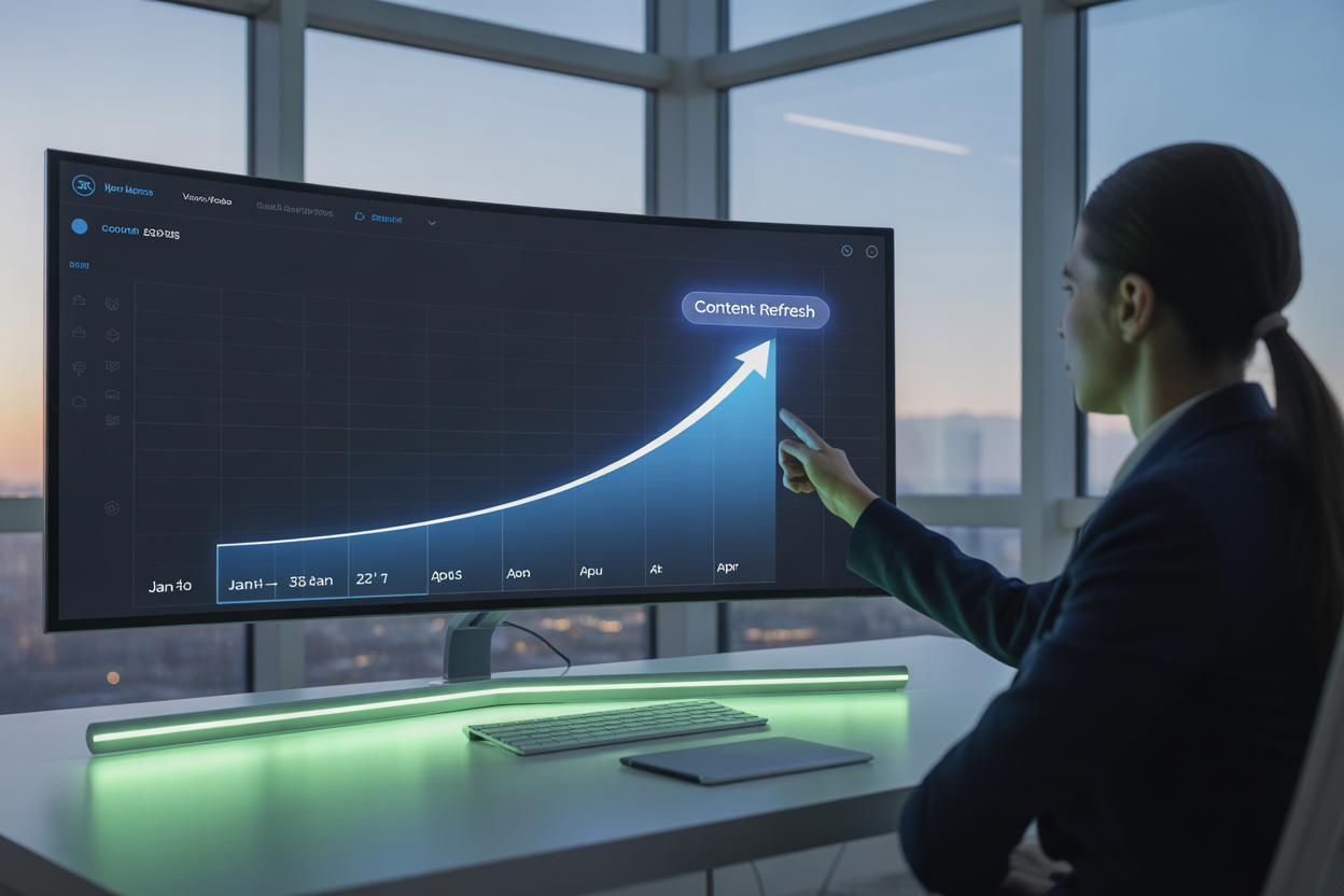 A line graph showing a webpage's ranking declining due to content decay, and then sharply increasing after an AI-recommended content refresh.