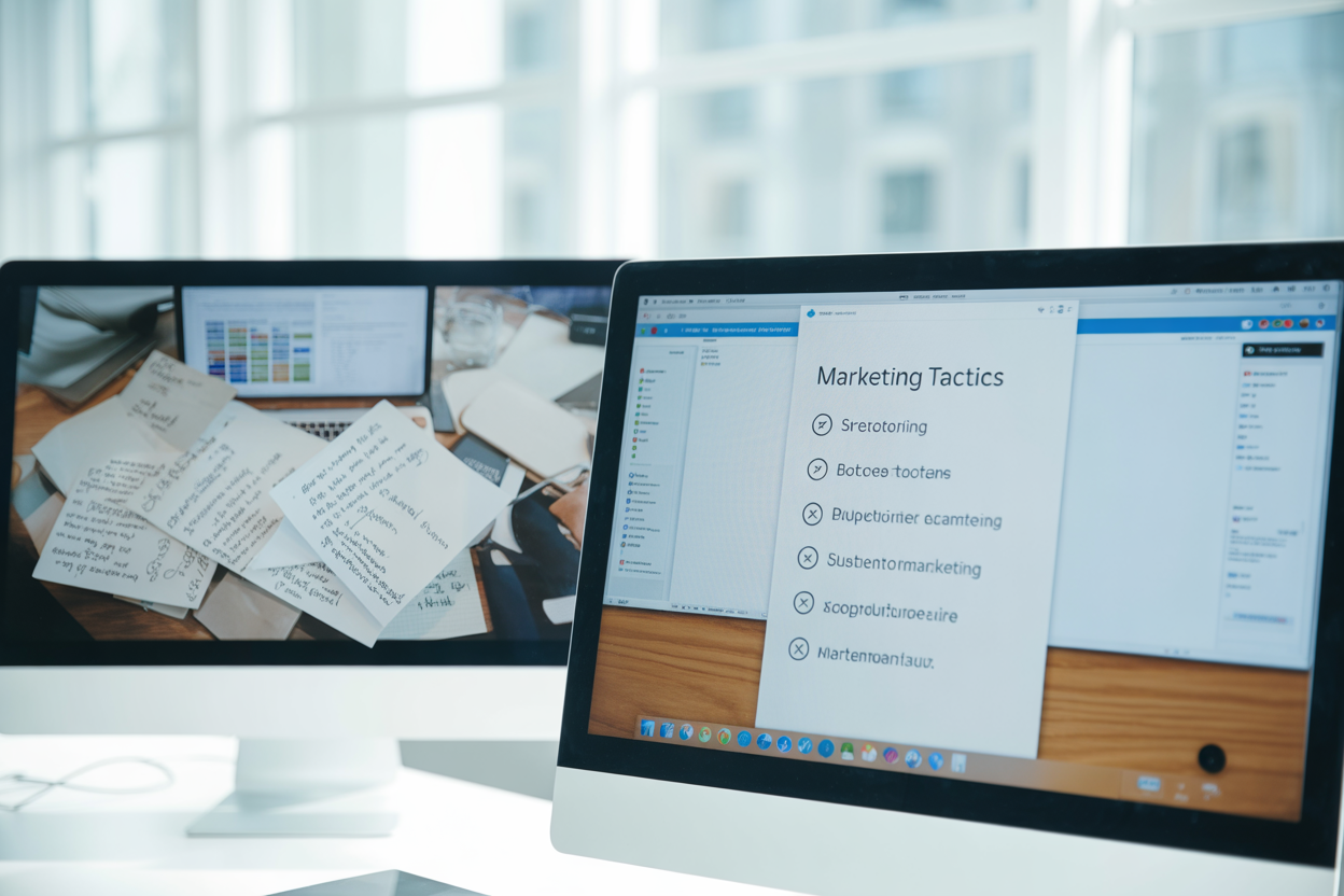 A cool split-screen showing the difference between a vague prompt like 'Tell me about marketing' on the left, and a super-specific one on the right: 'Create a 3-month content marketing plan for a new vegan cafe targeting millennials, with blog topics and social post ideas'. The resulting poor and excellent AI responses are shown below each.