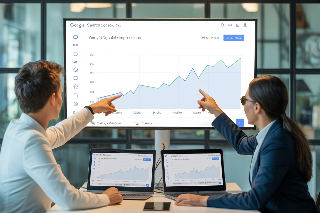 A simplified graph showing a website's search performance from Google Search Console, with lines for Clicks and Impressions trending upward over time.