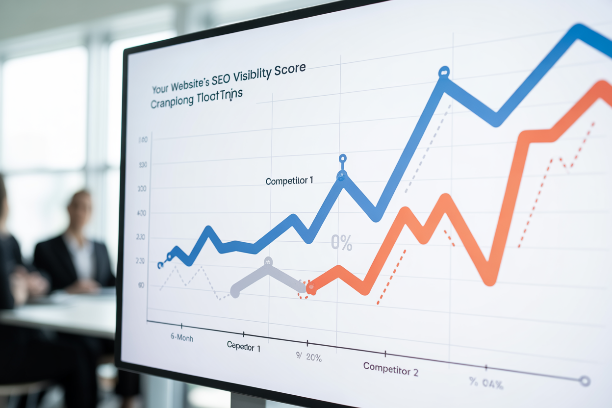 A line graph showing the upward trend of a website's SEO visibility score over a six-month period, with competitor lines for comparison.