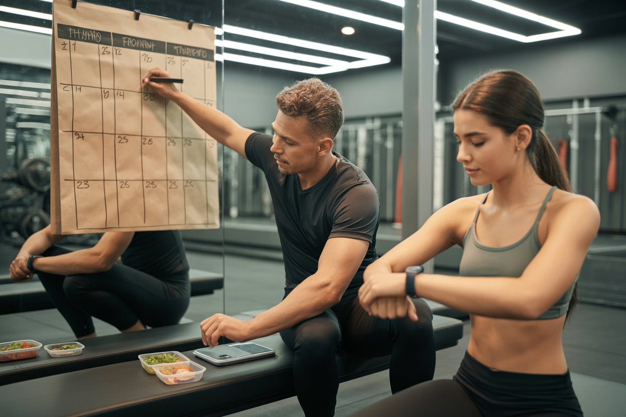 Un diagramme cyclique simple avec quatre étapes : 1. Planifier (nutrition et entraînement), 2. Exécuter, 3. Mesurer (poids, sensations), 4. Ajuster. Le cycle se répète.