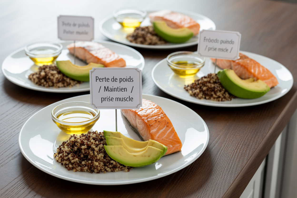 Une infographie simple montrant les pourcentages de protéines, glucides et lipides dans une assiette pour différents objectifs : perte de poids, maintien, et prise de muscle.