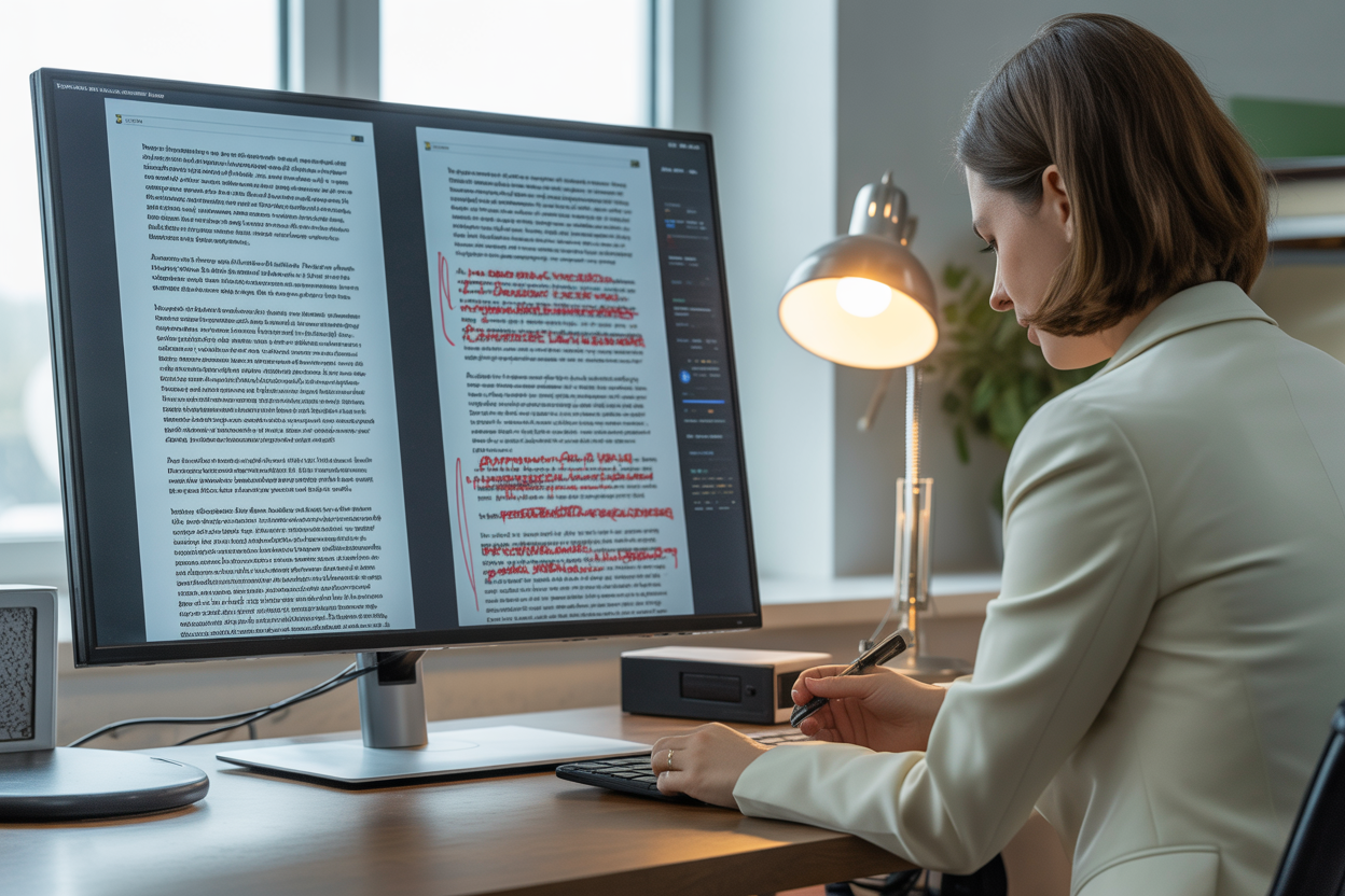 A side-by-side comparison. On the left is a block of generic AI-generated text. On the right is the same text after a human has edited it, adding personal anecdotes, better flow, and a unique voice.