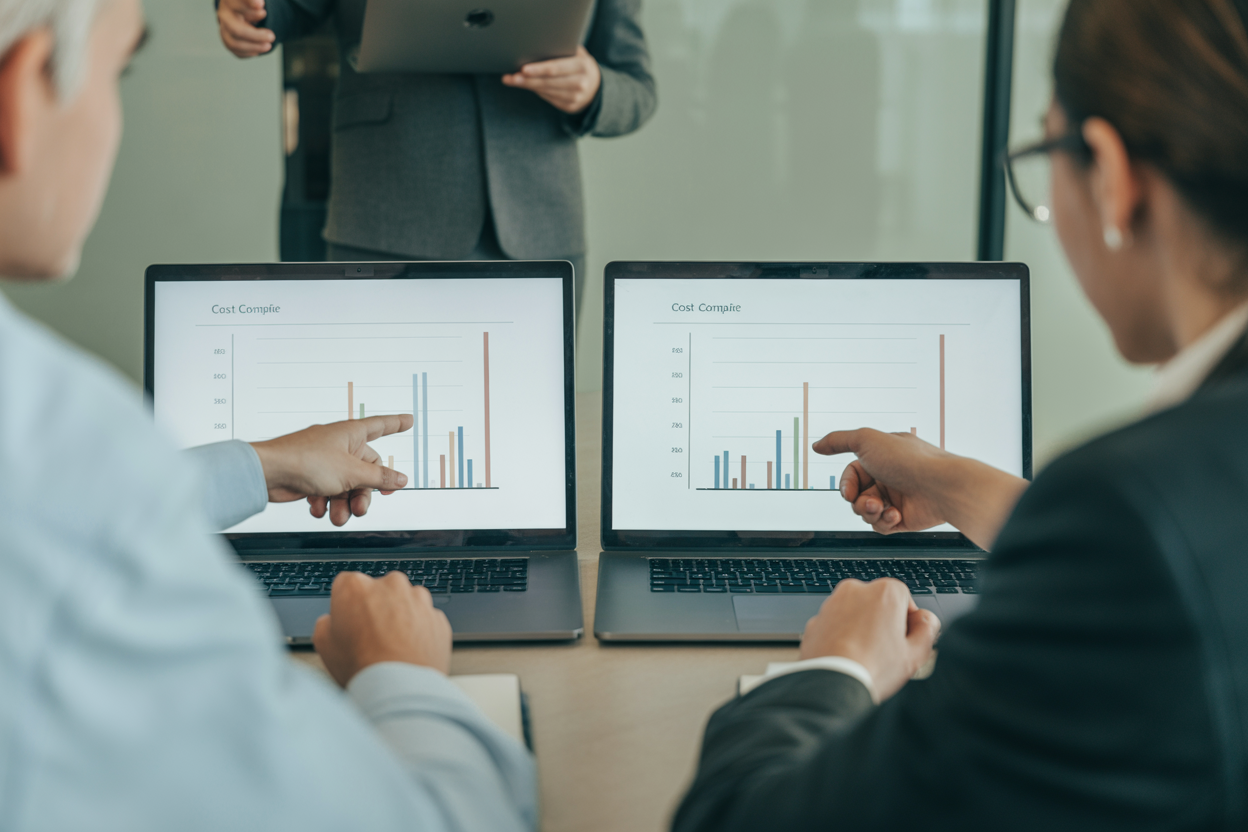 Un graphique comparatif simple montrant les coûts totaux de la gestion de paie en interne (logiciel, formation, salaire, temps) par rapport au coût fixe de l'externalisation.